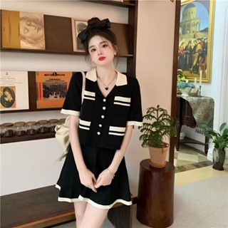 《現貨下單》【3967人收藏】大尺碼夏季新款小香風寬鬆短袖上衣+高腰百褶半身短裙顯瘦兩件套女