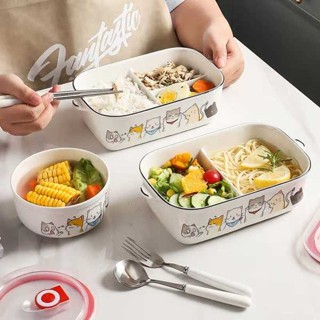 tempat nasi 便攜微波飯盒 便當盒 陶瓷分格飯盒微波爐加熱上班族帶蓋可愛卡通學生保鮮碗圓形便當盒