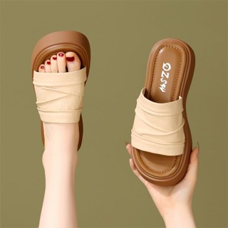 真皮女拖鞋 外出拖鞋女 一字拖鞋女 韓國真皮拖鞋 精品女鞋 【現貨現發】外穿增高羅馬拖鞋女款2025夏季新款百搭休閒厚底