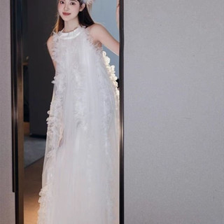 【來財小商鋪】法式新娘結婚晨袍睡裙白色輕婚紗禮服伴娘網紗連衣裙露背僊女長裙爆款熱銷