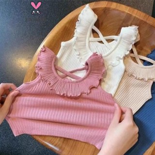 【YAOEENH】90-140CM 夏季女童韓版木耳邊坑條背心 中兒童洋氣時尚百搭氣質上衣 現貨 快速出貨