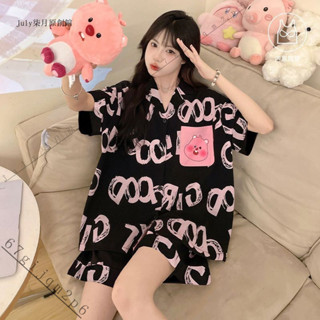 新品特價#【店鋪熱銷】loopy小海狸帶胸墊睡衣女款夏季露比可愛短袖黑色傢居服套裝夏天