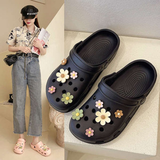 cross 洞洞鞋 crocs 洞洞鞋 花朵洞洞鞋女外穿防滑包頭半拖鞋女新款時尚平底沙灘海邊涼拖鞋夏