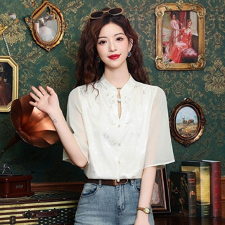 《現貨下單》新中式緞面立領短袖雪紡襯衫女夏新款休閒百搭襯衫顯瘦上衣上衣上衣短袖女襯衫短袖短袖上衣襯衫女雪紡襯衫襯衫女短袖