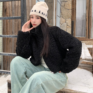 實拍韓版冬季羊羔毛外套女立領時尚休閒寬鬆短款夾剋開衫毛毛外套