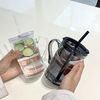 馬克杯500ml馬克杯高顏值ins風簡約吸管玻璃把杯男女情侶馬克杯家用辦公小紅書水杯