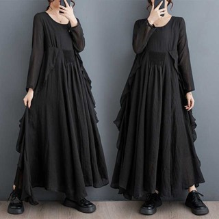 大眼睛山本風女裝洋裝 2024秋季新款韓版大尺碼寬鬆暗黑荷葉邊飄逸雙層褶皺棉麻大擺洋裝