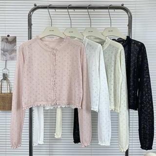 polo衫女 排汗衣 木耳邊設計感冰絲鏤空防曬針織小外套女夏季披肩外搭配吊帶裙子上衣