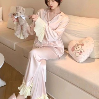 【有幸時光】春秋夏季睡衣 冰絲睡衣 高階感千金風睡衣 木耳邊睡衣 綢緞睡衣女 甜美氛圍感睡衣 家居服可外穿