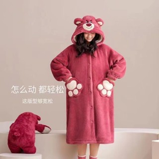 珊瑚絨浴袍毛絨加厚甜美中長款睡袍[D1202]可愛草莓熊珊瑚絨睡衣女2023年新款冬季睡裙加絨加厚長款浴袍睡袍