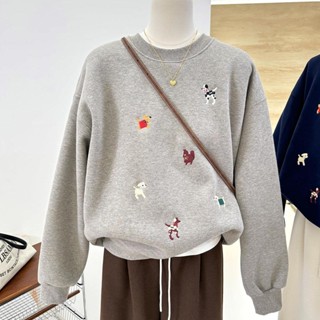 【 𝑭𝒍𝒐𝒘𝒆𝒓𝒔𝒆𝒂】韓系 卡通刺繡小狗 刷毛大學T 圓領衛衣 保暖 設計感 長袖大學T