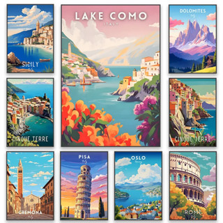 多彩義大利旅遊風景藝術海報 Cinque Terre 山水畫,無框帆布畫