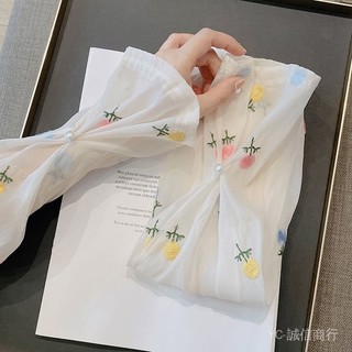 新品免運🎇CHUXINSTILL品牌刺繡嚮日葵泡泡袖夏季防曬袖套女珍珠扣手袖護袖