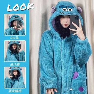 臺灣發貨-小怪獸蘇利文睡袍 加厚法蘭絨長款少女小怪獸睡衣 卡通情侶網紅風睡衣 男女秋冬季珊瑚絨長款睡袍 冬季保暖睡衣