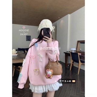 韓式蝴蝶結大學T💜 甜美立體蝴蝶結圓領衛衣女 秋季新款軟糯設計感寬鬆中長款長袖上衣 蝴蝶結長袖美式衛衣 芭蕾風上衣