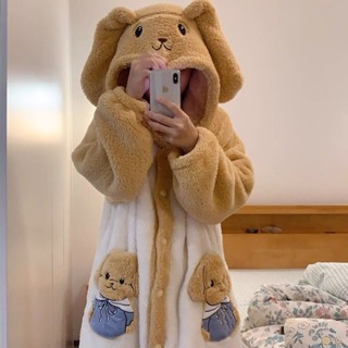 【睡衣專賣鋪】森貝兒珊瑚絨睡衣女冬季加絨加厚連帽中長款學生秋冬季家居服睡袍