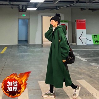 女生外套 胖M特大尺碼2-300斤刷毛長裙鞦鼕季寬鬆顯瘦加厚保暖綠色大學T洋裝ny1103