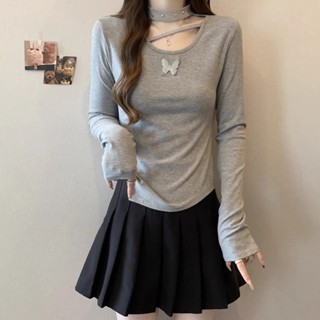 胖胖美依 上衣 長袖T卹 簡約 保暖S-2XL新款甜辣炸街掛脖正肩長袖T卹內搭打底衫不規則上衣-2537.