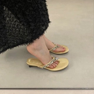 女士涼鞋 韓版時尚水鑽圓頭夾趾休閒高跟涼鞋 35-39碼