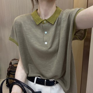 《現貨下單》寬鬆顯瘦【80-200斤】翻領撞色短袖T恤女今年夏天流行的上衣新款polo衫女裝上衣 短袖上衣短袖 polo