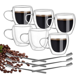 雙層玻璃 咖啡杯 隔熱 附湯匙 辦公室 耐熱 茶水杯 高硼矽玻璃杯組六隻裝禮物送禮