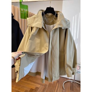 實拍韓版美裝胖MM大碼女裝『40-100㎏可穿』M-4XL鞦季新款高階感洋氣英倫風鬥篷式寬鬆連帽風衣外套胖妹妹顯瘦外套