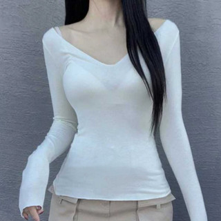 韓國東大門新款日常顯身材性感女人味V領緊身顯瘦長袖打底T恤上衣