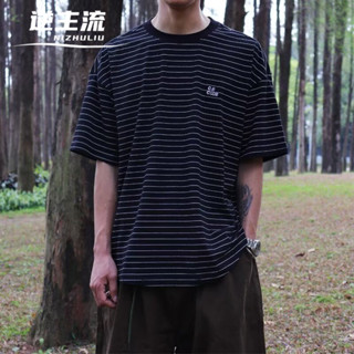 現貨特價 日系文藝條紋T恤 黑色M套頭圓領短T 美式潮流簡約半袖上衣 港風寬鬆休閒短袖T恤 ins潮牌短袖T恤衫