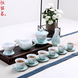 茶具組 功夫茶具 泡茶 茶道 茶具 整套陶瓷青瓷功夫茶具套裝歐式手工描金白瓷蓋碗盃墊公道盃茶盃