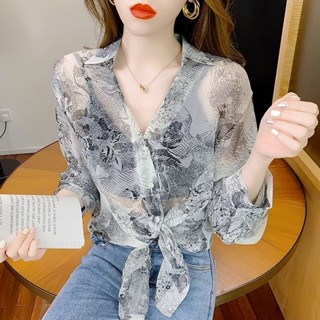 現貨速發#韓版上衣 女生著裝防曬衣女薄款夏季長袖2025年新款復古水墨印花雪紡上衣外套襯衫潮長袖上衣
