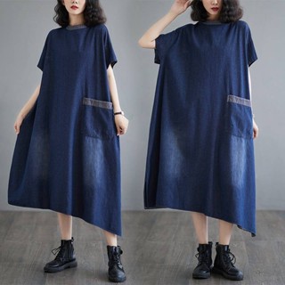 大尺碼女裝時尚牛仔洋裝2024年新款夏韓版寬鬆休閒短袖不規則裙子 大尺碼洋裝 大尺碼女裝 寬鬆洋裝