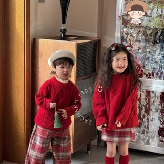 ARY 兒童套裝 兒童聖誕節衣服 兒童新年衣服 男女童毛衣 女童紅色毛衣紅格裙子兩件套 男童紅色毛衣紅格闊腿褲套裝
