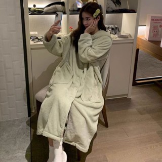 【睡衣專賣鋪】日系可愛毛茸茸連帽睡衣裙女秋冬加厚珊瑚絨居家服熊貓絨睡袍長款
