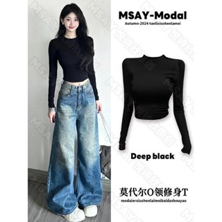 💖臺灣出貨💖 美式辣妹收腰長袖上衣 短版上衣 露臍上衣 2024秋季新款長袖t恤 修身顯瘦高級感內搭上衣女