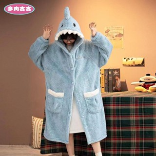 【似是故人來】吉🖤Kigurumi 卡通連帽鯊魚睡衣冬季睡衣珊瑚絨加厚可愛浴袍睡裙灰鯊魚睡衣家居服