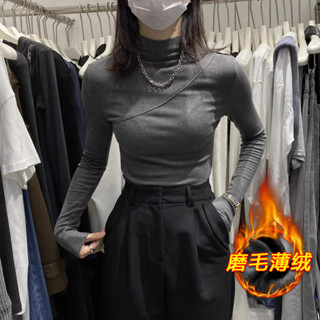 衣時尚 上衣 長袖T卹 發熱衣 保暖S-2XL新款磨毛絨半高領打底衫設計感洋氣修身上衣t卹T149-6153.