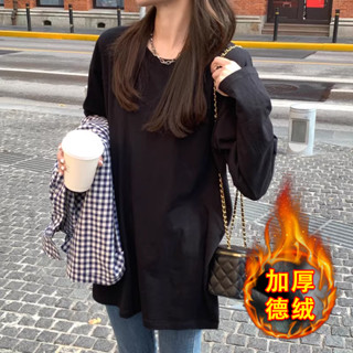 衣時尚 上衣 長袖T卹 發熱衣 保暖M-L新款加厚德絨開叉長袖t卹保暖中長款打底衫內搭上衣T149-6224.