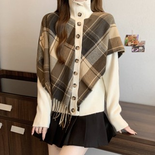 M-4XL 韓版設計感拼接格子披肩假兩件上衣 不規則上衣 大尺碼女裝 秋冬女裝 寬鬆顯瘦上衣 梨形身材 韓系穿搭