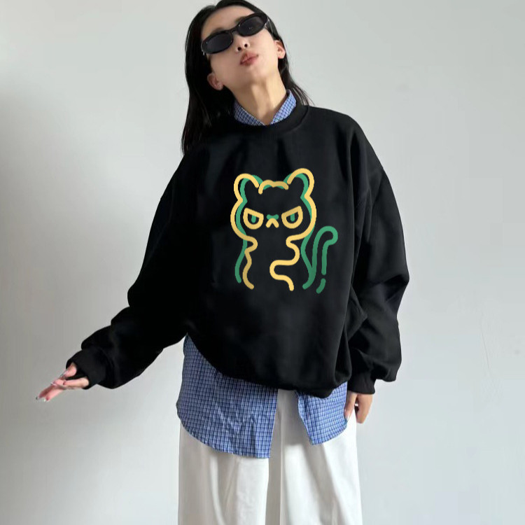 【 𝑭𝒍𝒐𝒘𝒆𝒓𝒔𝒆𝒂】Vibe小眾 設計感 貓咪印花 刷毛大學T 大學T 黑色圓領衛衣 女生上衣