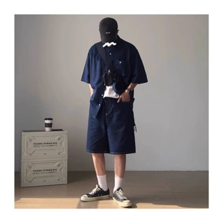 【HOT 本舖】男裝 藍色口袋牛仔襯衫短袖男生2025新款夏季百搭寬鬆休閒襯衣上衣簡約