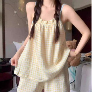 女性睡衣 吊帶睡衣 雲朵棉甜美少女吊帶睡衣套裝夏季2025新款黃色格子純欲風家居服
