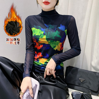 加絨加厚新款高領長袖網紗定位印花T恤女時尚修身打底衫潮
