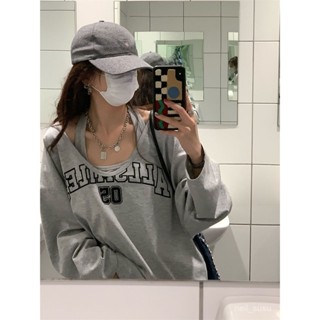 P3-[限時特賣]T恤 短袖T恤 短袖上衣 女生上衣美式復古長袖T恤女春秋寬鬆潮ins弔帶背心兩件套oversize早秋
