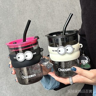 咖啡隨行杯 茶迷咖啡杯高顔值ins玻璃杯學生便攜式耐高溫有蓋雙飲果汁吸管杯