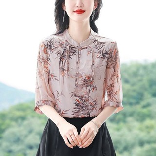 現貨 新中式女裝 國風雪紡衫五分袖女士 夏季新款媽媽裝 復古氣質減齡小衫 別緻盤扣女上衣 寬鬆休閒百搭