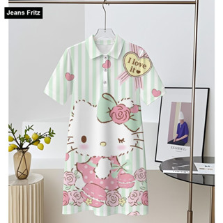 時尚高品質女式可愛漸變 HelloKitty 可愛條紋愛心鑰匙印花粉色舒適日常加大碼連衣裙中長裙 Polo 裙 S-5X