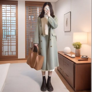 2024秋冬新款抹茶綠毛呢外套女法式赫本風中長款寬鬆韓版毛呢大衣