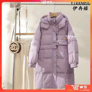 維斯 羽絨服女中長款2024新款白鴨絨加厚牛角扣時尚韓版連帽反季冬外套 冬天外套 冬季大衣女