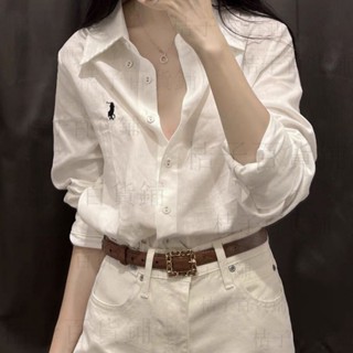 .襯衫長袖上衣 韓版100%純棉小馬標刺繡上衣春鞦夏新款白色長袖休閒寬鬆襯衫 泡泡袖襯衫 女上衣七分袖 大尺yes059