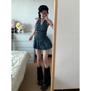【韓系穿搭】✨氣質名媛 ins 美式 甜辣風 復古 格紋 蝴蝶結掛脖上衣+高腰花苞半身裙套裝